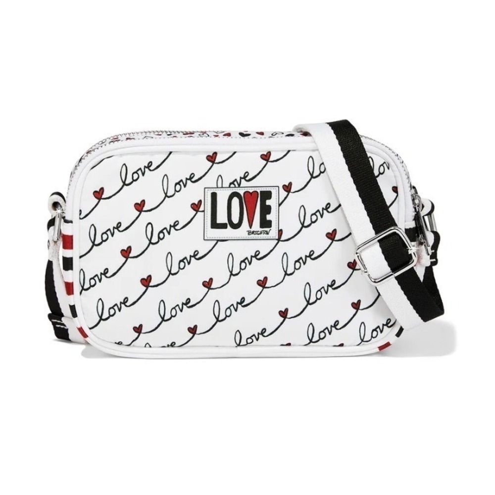 Brighton Love Scripted Canvas Crossbody Camera Bag Heart Striped Sporty Travel